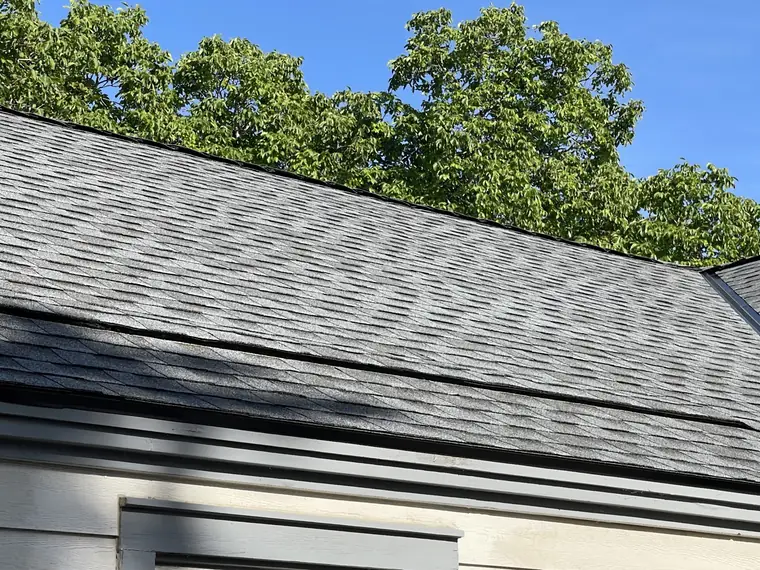 Close-up of new charcoal shingles and fascia under summer trees