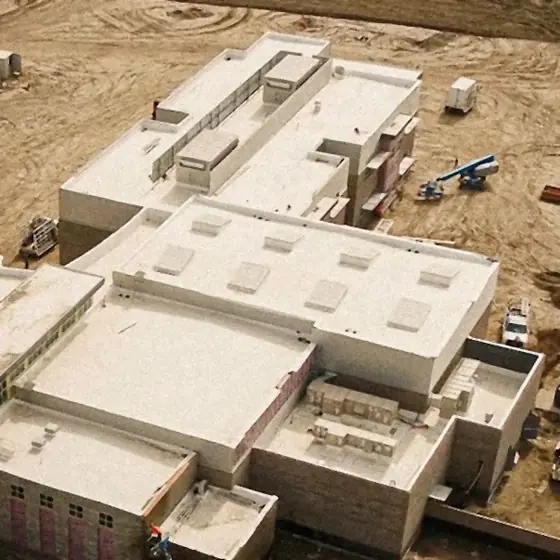 Aerial view of flat membrane roofs under construction