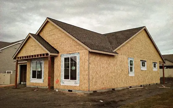 A new single-storey build with sheathed walls and a finished shingle roof