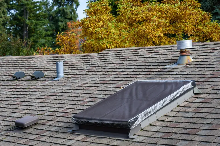 A new shingle roof with a fresh skylight and vents under autumn trees